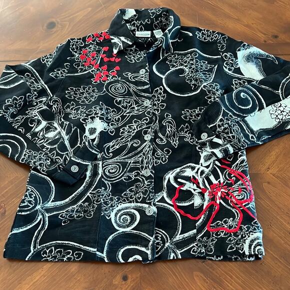 Chico’s 0 Black, White & Red Print Jacket Woman Size 4 Linen Blend Button Front - Picture 5 of 10